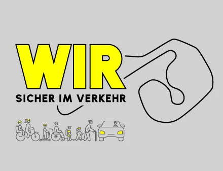 Schriftzug "Wir sicher im Verkehr" über einer Gruppe von Menschen und einem Auto