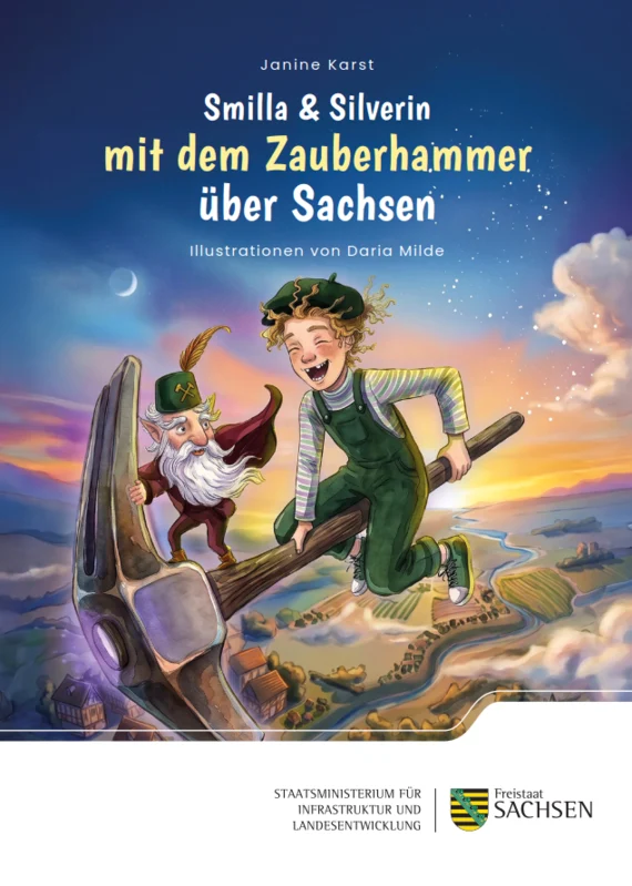Ein Mädchen und ein Berggeist fliegen auf einem Hammer über Sachsen