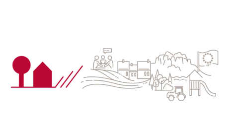 Logo des ländlichen Raum plus die Darstellung von Elementen: Menschen, Traktor, EU Flagge, Spielplatz, Dorf